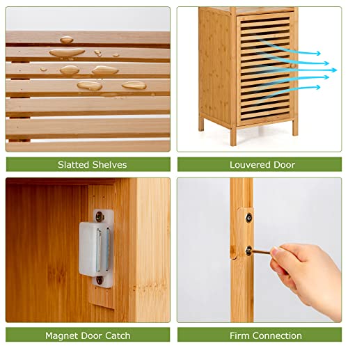 Tangkula Bathroom Cabinet, 65 Inch Tall Slim Bathroom Storage Cabinet with Shutter Door and 3 Open Shelves, Narrow Multifunctional Tower Cabinet, Natural Bamboo, 15.5 x 14.5 x 65 Inch - style: Tall Cabinet
