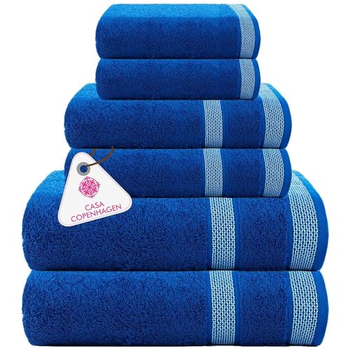 CASA COPENHAGEN Solitaire 6Pcs 100% Egyptian Cotton Large Designer Towels Gift Set- Bright Blue, 600GSM, 2Bath 2Hand 2Washcloths, Bath Towels for Bathroom Set for Women & Men - color: Solitaire 6pcs Towel Set Bright Blue, size: 6Pcs Towel Set