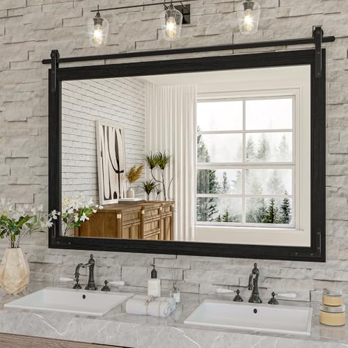 Farmhouse Bathroom Mirror, 48"x36" Black Rustic Bathroom Mirrors | HD glass, solid wooded framed, rectangle, explosion-proof, barn door style, anti-rust, for bathroom/bedroom/entryway - color: Black, size: 48"L x 36"W