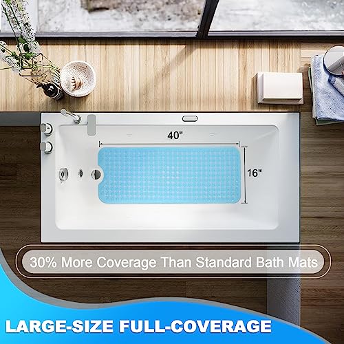 Bathtub and Shower Mats, 40x16 Inch Extra Large Non Slip Soft Bath Tub Mat with Suction Cups and Drain Holes for Bathroom Floor, Machine Washable, Clear Blue - color: Clear Blue