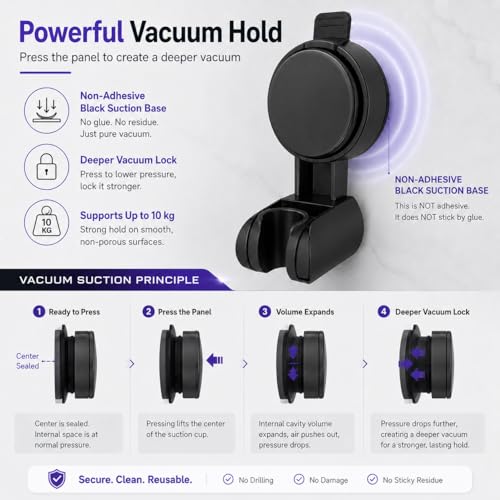 Suction Cup Shower Head Holder, Black, Adjustable, No Drill | Strong Suction Hold, Removable No-Drill Mount, Adjustable Angle for Smooth Tile, Glass, Marble and Metal Surfaces - style: Matte Black-L