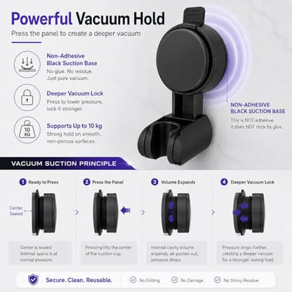 Suction Cup Shower Head Holder, Black, Adjustable, No Drill | Strong Suction Hold, Removable No-Drill Mount, Adjustable Angle for Smooth Tile, Glass, Marble and Metal Surfaces - style: Matte Black-L
