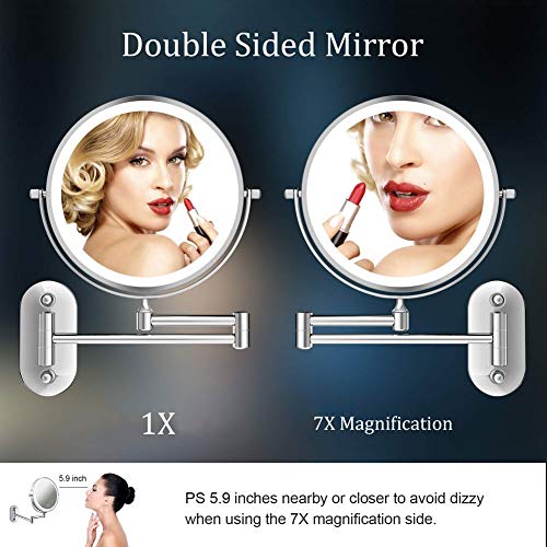 8'' Wall Mounted Makeup Mirror Black USB Rechargeable Double Sided with 3 Tones LED Lights, 1x/5x Magnifying Bathroom Mirror for Shaving Extendable Arm Touch Control1X/5X (1X/7X) - size: 1X/7X