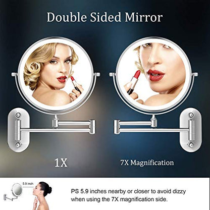 8'' Wall Mounted Makeup Mirror Black USB Rechargeable Double Sided with 3 Tones LED Lights, 1x/5x Magnifying Bathroom Mirror for Shaving Extendable Arm Touch Control1X/5X (1X/7X) - size: 1X/7X