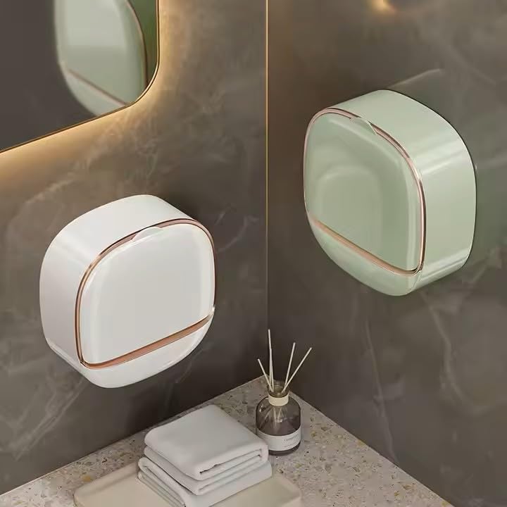 Modern Wall-Mounted Soap Holder White with Rose Gold Trim, Plastic Construction, Bathroom Drainage Design. (Locking Adhesive Strip Included)