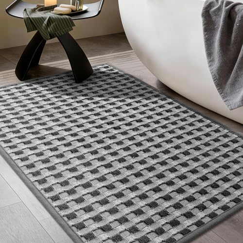 YIHOUSE Bathroom Rugs 16" x 24", Ultra Thin Checkered Weave Bath Mat - Soft Absorbent Quick Dry Bath Mat, Machine Washable Non Slip Bath Rugs for Bathroom, Shower & Tub, Dark Gray Light Gray - color: Dark Gray Light Gray, size: 16"x24"