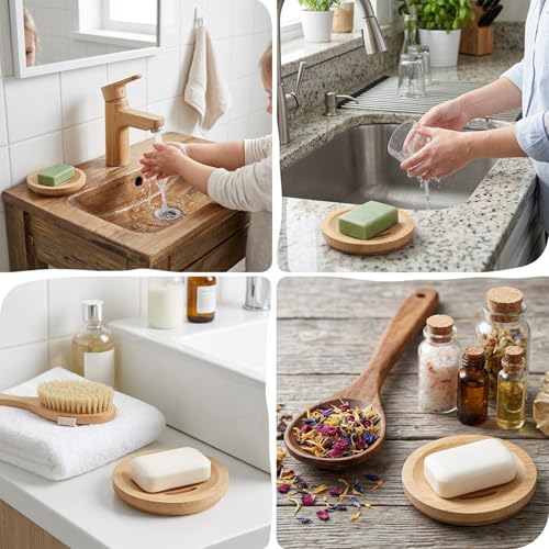 20Pcs Bamboo Soap Dish Set for Bar Soap, Bamboo Soap Holder with Self-Draining Soap Tray, Shampoo Bar Holder for Bathroom Kitchen Sink Travel, Round and Square Wooden Organizers for Sponges Razors