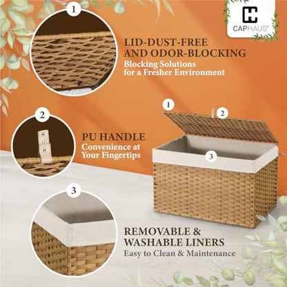 CAPHAUS Laundry Basket with Lid & Handles, Foldable Clothes Hamper, Large 65L Synthetic Rattan Storage Bin with 2 Removable Liner Bags, Collapsible Laundry Hamper, Brown - color: Brown, size: 17.2 Gal (65L)