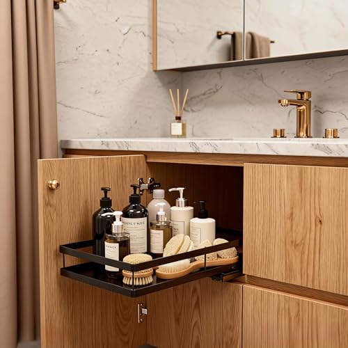 Pull Out Cabinet Organizer, 1-Tier Metal Slide Out Basket | Black metal mesh basket, smooth slide-out rail, no-drill adhesive setup, for frameless kitchen cabinets and pantry storage