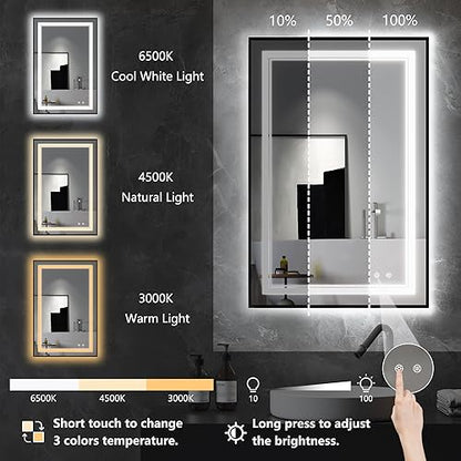 24"x36" Black LED Bathroom Mirror with Lights, Front and Back Light | Dual Light Strips,Thin Frame, Fogless, Dimmable, 3 Color Changing, Shatterproof, Touch Sensor, Horizontal/Vertical,Industrial