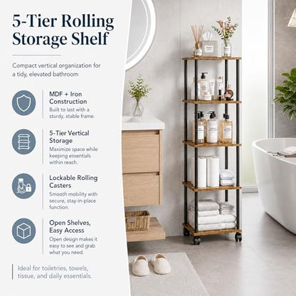 5-Tier 50.4" Tall Rustic Brown Bathroom Shelving Unit with Wheels | Wood Finish, Metal Frame, Rolling Narrow Open Shelf Design, for Laundry Room, Kitchen, Living Spaces, Easy to Move - color: Rustic Brown, size: 5-Tier