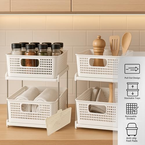 2 Tier Kitchen & Cabinet Drawer Storage Rack With Sliding Baskets – Adjustable Shelf Laundry Room Organization| Under Sink Organizer For Bathroom Accessories & Kitchen