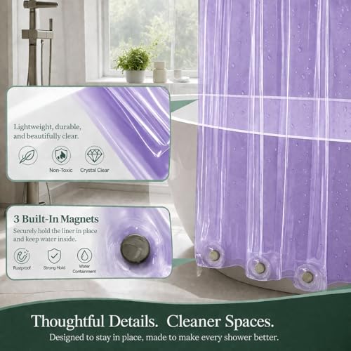 EHZNZIE Purple Shower Curtain Liner 72x72, PEVA Waterproof Bath Curtain, No Chemical Smell, 3 Weighted Magnets, Durable with Rustproof Metal Grommets - color: Clear Purple, size: 72"W x 72"L (Pack of 1)