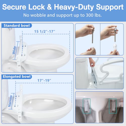 Raised Toilet Seat with Handles for Seniors, 3-Level Height Riser | with Lid, Flip-Up Arms, Fits 15.5"-19" Standard & Elongated Toilets, Secure Rear Lock, Supports 300 lbs, Easy Install