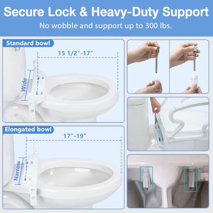 Raised Toilet Seat with Handles for Seniors, 3-Level Height Riser | with Lid, Flip-Up Arms, Fits 15.5"-19" Standard & Elongated Toilets, Secure Rear Lock, Supports 300 lbs, Easy Install