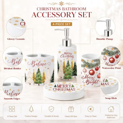 4 Pcs Christmas Ceramic Bathroom Accessories Gifts Xmas Tree Bath Tumbler Soap Dispenser Toothbrush Holder Soap Tray Merry Xmas Bathroom Decorations (White Merry Christmas) - style: White Merry Christmas