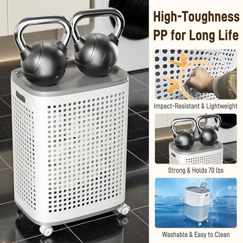 Plastic Laundry Basket on Wheels with Lid & Handle, Large | Ventilated,rolling clothes hamper, storage for laundry room, dorm,bathroom, bedroom, playroom, game room, lightweight, White - size: Large
