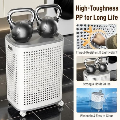 Plastic Laundry Basket on Wheels with Lid & Handle, Large | Ventilated,rolling clothes hamper, storage for laundry room, dorm,bathroom, bedroom, playroom, game room, lightweight, White - size: Large