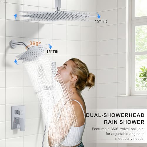 Rain Shower System 12" & 6" Dual Shower Heads Ceiling Shower Faucet Set | Ideal for bathroom remodels and upgrades with 12" rain shower, 6" angled shower, handheld spray and complete valve kit. - color: Polished Chrome, size: Ceiling Mounted - 12"+6" Show