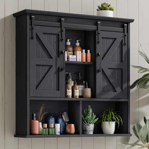 Vabches Bathroom Wall Cabinet, Farmhouse Medicine Cabinet, Black | Wooden Vintage Storage Cabinet Wall Mounted with Double Sliding Barn Door and Adjustable Shelf for Bathroom, Kitchen - color: Black, style: Sliding Doors