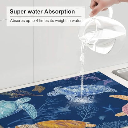 Turtle Dish Drying Mats for Kitchen Counter Absorbent Reversible Drying Mats Microfiber Kitchen Countertop Protector Dishes Drying Pad Extra Large “18 x 24" Dish Mat - color: Dark Blue-Turtle