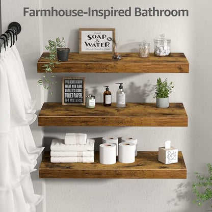 QEEIG 10" Deep Floating Shelves for Wall - 10 x 24 inch Book Shelf Bathroom Bedroom Kitchen Living Room Hanging Bookshelf Farmhouse Set of 3, Rustic Brown (025-60BN3) - color: A. Brown, size: 23.6" x 10"