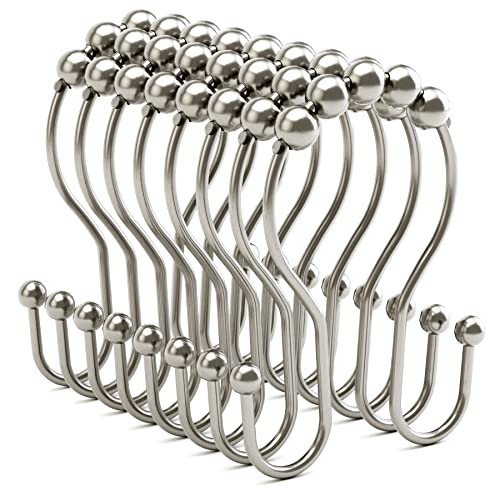 Shower Curtain Hooks Brushed Nickel Shower Curtain Rings Rust Proof, Bathway Balanced Smooth Glide Double Shower Curtain Hooks, Sturdy Shower Hooks for Shower Curtain 12 Pcs Shower Rod Hooks - color: Nickel