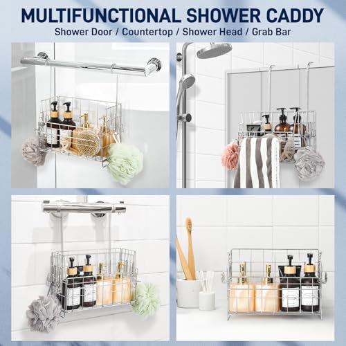 SUTINE Hanging Shower Organizer, Shower Caddy Hanging, Bathroom Storage Rack with Hooks Over the Door, Stainless Steel Rustproof Bathroom Basket Shelf for Bath Faucet or Cross Bar