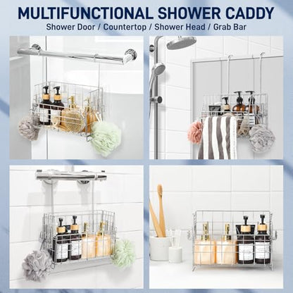 SUTINE Hanging Shower Organizer, Shower Caddy Hanging, Bathroom Storage Rack with Hooks Over the Door, Stainless Steel Rustproof Bathroom Basket Shelf for Bath Faucet or Cross Bar
