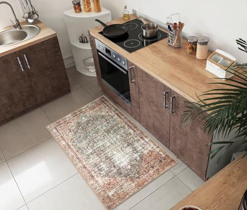 Keen Home Design Vintage Washable Entryway Rug, Non-Slip Low Pile, 2x3 | Machine washable cotton chenille, 0.25in low pile, rubber non-slip back; kitchen, entryway, bathroom, bedside - color: Brown / Blue, size: 2' x 3' (Rectangular)