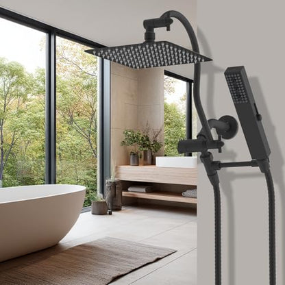 Hibbent All Metal cUPC Certified Shower Head, 10'' High Pressure Rainfall Showerhead Combo, Handheld Shower Wand, 12'' Adjustable Extension Arm, 4-Spray, 71'' Hose, Brass Shower Holder, Matte Black - color: Matte Black, style: Square 10''