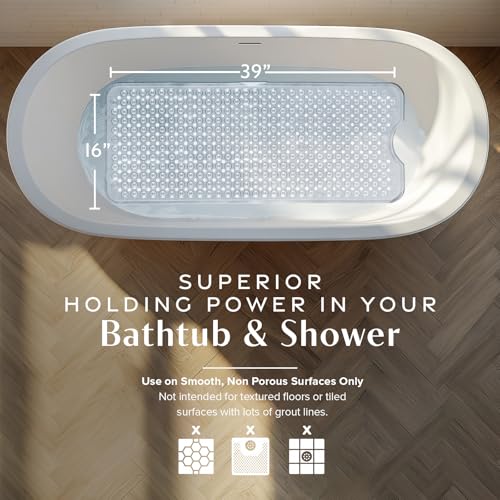SlipX Solutions 39"x16" Power Grip Non Slip Bathtub Shower Mat, Clear | Stronger Wet Surface Protection, Soft Under Foot, 265+ Suction Cups, Large Drainage Holes - color: Transparent