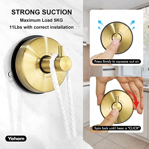 YOHOM Suction Cup Hooks for Shower Towel Holder Stainless Steel Vacuum Bathroom Shower Hook Suction Washcloth Hanger Kitchen Towel Rack for Robe Loofah Wreath Glass Door Window Wall Brushed Gold 2Pcs - color: 2 Gold