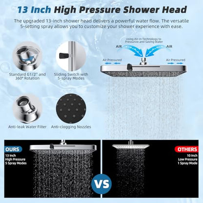 Hibbent 13'' Rain Shower Head with 12'' Shower Head Extension Arm, Chrome | High Pressure 5 Modes Rainfall Shower Head with Solid Brass Adjustable Shower Arm Extender, Waterfall fixed Square Showerhead - color: Chrome