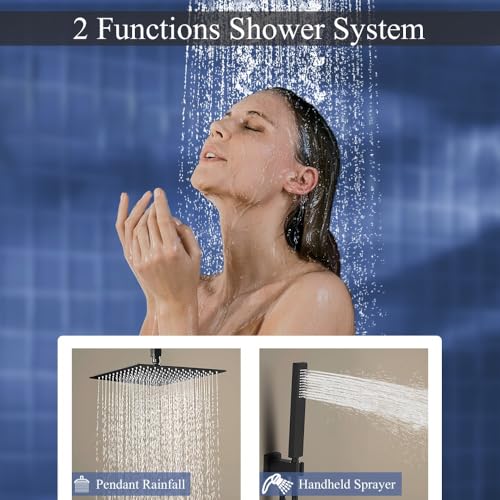 12 Inch Matte Black Ceiling Mount Shower System Bathroom Luxury Rain Mixer Shower Combo Set Ceiling Rainfall Shower Head System Faucet Contain Rough-in Valve and Trim Included - color: Matte Black, size: 12 Inch
