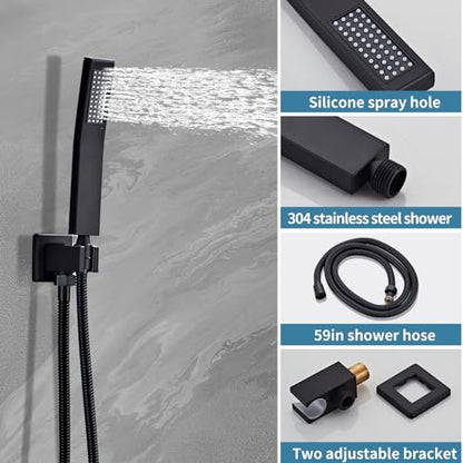 Shower Faucet Set Complete, Shower System Black with 10 inch Square Rainfall Shower Head 3-Function Handheld Shower Waterfall Bathtub Spout Rain Shower Combo Mounted Bathroom Wall fit All Valve Types - style: 10inch-with tub spout