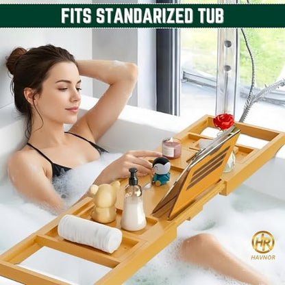 Bamboo Bathtub Caddy Tray Expandable & Foldable Bath Shelf with Book, Tablet & Wine Holder Adjustable Wooden Bath Tray for Relaxing Spa at Home – Fits Most Tub Sizes. - color: Bamboo