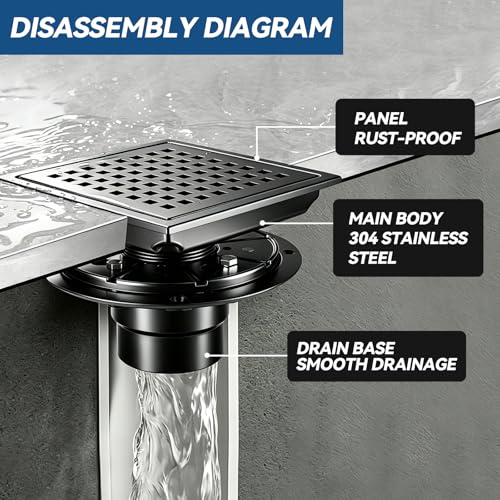 Square Shower Floor Drain, Matte Black Finish, Grid Pattern Strainer Cover (Black, Grate) - color: Black