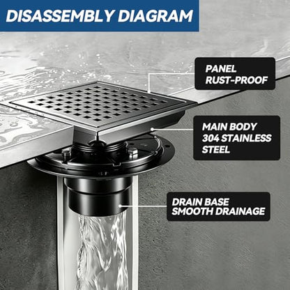 Square Shower Floor Drain, Matte Black Finish, Grid Pattern Strainer Cover (Black, Grate) - color: Black