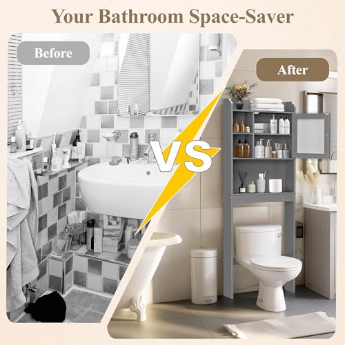 ZENY Over The Toilet Storage Cabinet, Bathroom Organizer with Adjustable Shelf and Double Doors, Freestanding Bathroom Space Saver Toilet Rack (Gray) - color: Grey