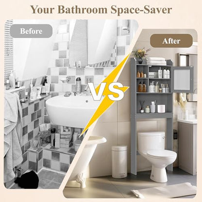 ZENY Over The Toilet Storage Cabinet, Bathroom Organizer with Adjustable Shelf and Double Doors, Freestanding Bathroom Space Saver Toilet Rack (Gray) - color: Grey