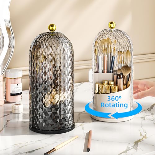 Dustproof Toothbrush Holder with Lid, 360 Rotating Countertop Electric Toothbrush Toothpaste Holders with Cover for Bathroom, 3 Slots Makeup Brush Holder with Lid for Vanity, Black - color: Dia Black
