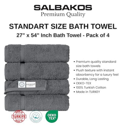 SALBAKOS 4-Piece 100% Turkish Cotton Bath Towels, 27x54 inch, Gray | Standard Size, 630 Gsm Thick Super Soft Highly Absorbent Quick-Dry Bathroom Towel, Premium Hotel & Spa Quality Made in Turkey - color: Gray, size: 4 Bath Towels