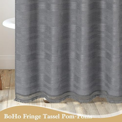 Long Boho Farmhouse Shower Curtain Set with Tassel, Linen Bohemian French Country Chic Bathroom Shower Curtain Set, Modern Striped Textured Shower Curtain 72x78 - Grey - color: Grey, size: 72"W x 78"L (Pack of 1)