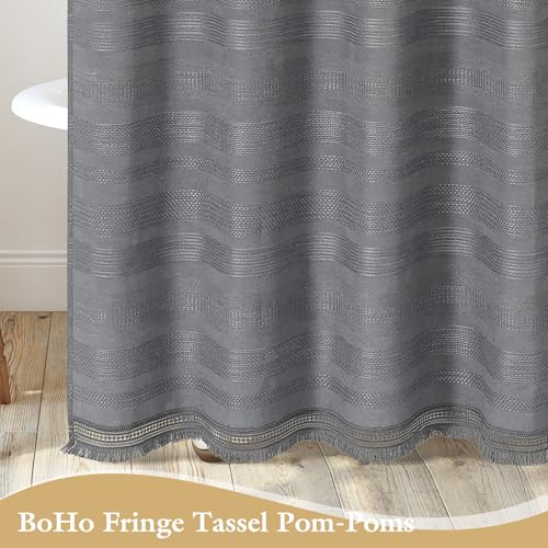 Small Stall Boho Farmhouse Shower Curtain with Tassel, Linen Bohemian French Country Chic Bathroom Shower Curtain Set, Modern Striped Textured Shower Curtain 36x72 - Grey - color: Grey, size: 36"W x 72"L (Pack of 1)