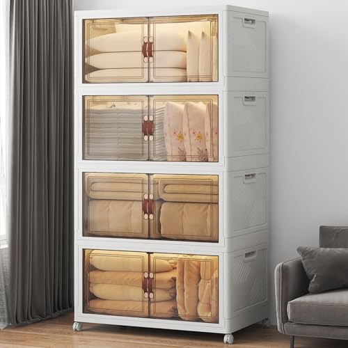 UAMFURI Stackable Storage Bins with Lids, 720QT Lockable Storage Cabinet | Folding Storage Box with Doors and Wheels, Collapsible Plastic Drawers for Home, Garage, Office - color: White, size: Extra Large