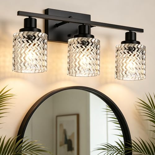 MELUCEE 3 Lights Modern Bathroom Light Fixtures Black Vanity Lights | Indoor Wall Mounted Light with Hammered Glass Shade Suitable for Bathroom Living Room Hallway - color: Black, size: 3 Lights