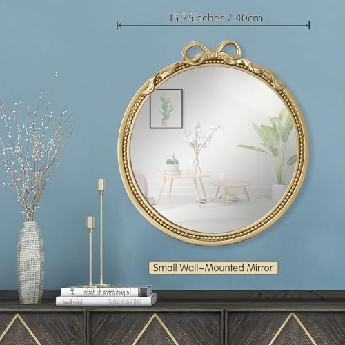 15.75" Small Gold Bow Decorative Round Mirror | Metal Frame, Wall Mounted, For Entryway, Bathroom, Living Room, Mini Size