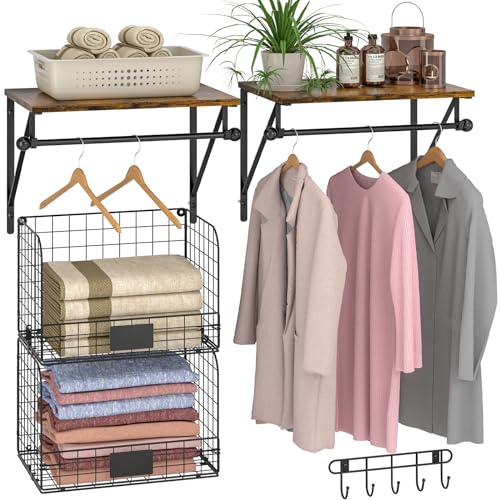 Laundry Room Shelves Wall Mounted with Wire Baskets, Over the Washer and Dryer Shelf with Clothes Drying Rack, Wire Shelves Baskets for Laundry Closet Organization and Storage, Wood+Metal, Black - color: Black