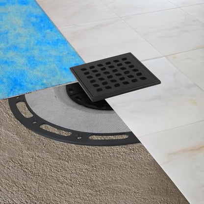 4-Inch Square Shower Drain Kit with Bonding Flange, Matte Black | Removable 304 stainless steel grate with hair strainer; fits 2- and 3-inch pipes for tiled shower floors and wet areas - size: 4in-Black